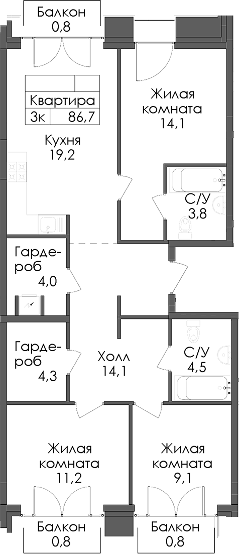3-комнатная квартира 86.7 м², 4/7 эт., ЖК «Лермонтовский 54»